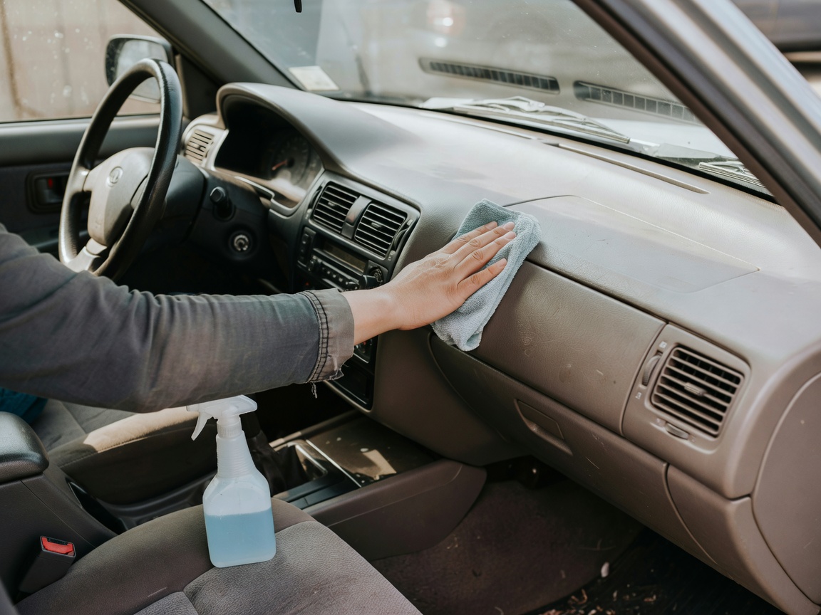 Natural 35mm photograph of an everyday vehicle interior being cleaned, showing authentic dashboard materials and natural depth of field