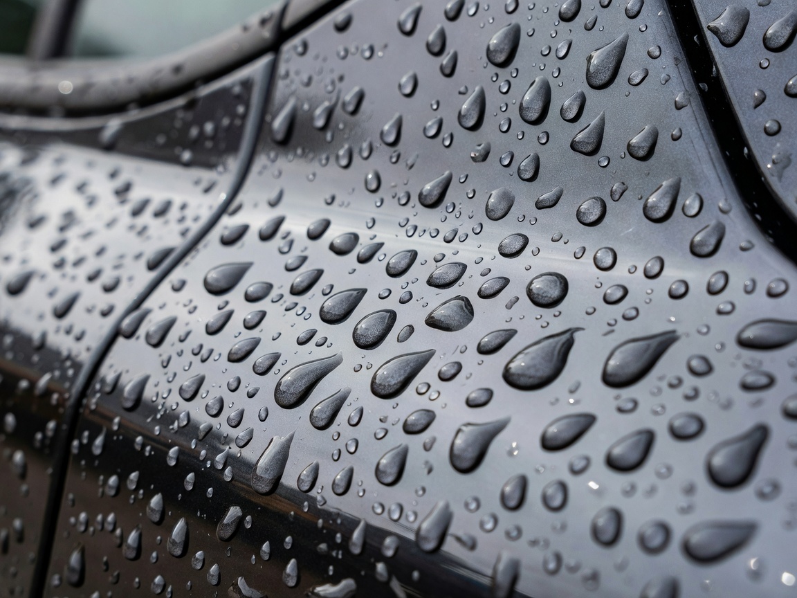 Realistic macro photograph showing natural water droplets with believable surface tension on a coated vehicle panel