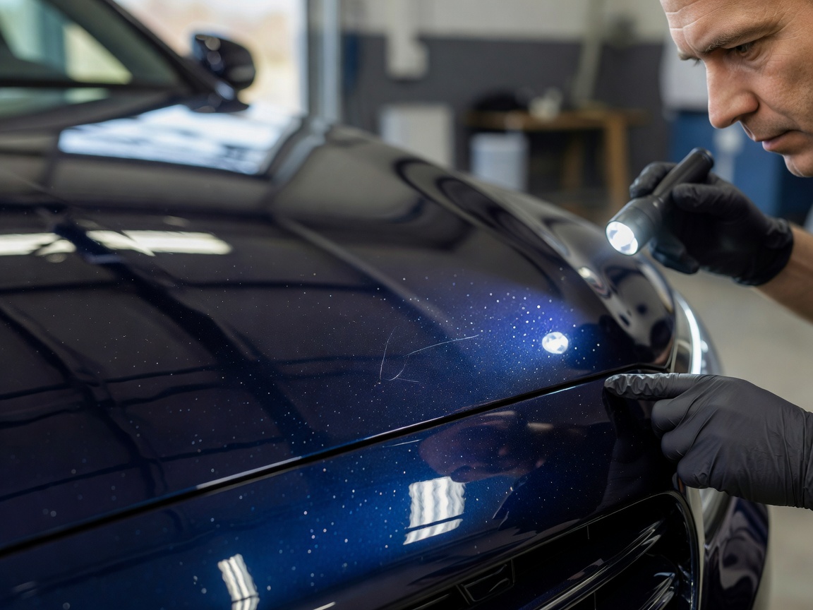 Macro 50mm photograph of a technician inspecting realistic automotive paint with natural reflections and subtle imperfections