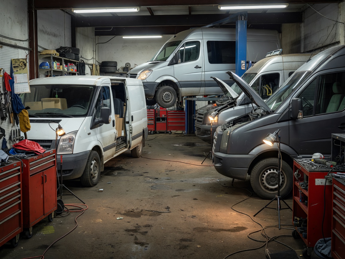 Documentary photography of standard commercial vans parked in a realistic, lived-in vehicle care workshop with practical lighting