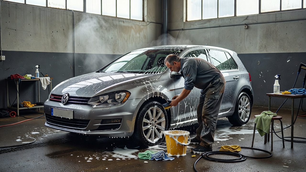 A realistic photograph of an everyday European hatchback being carefully cleaned in a practical, slightly wet detailing workshop with natural lighting