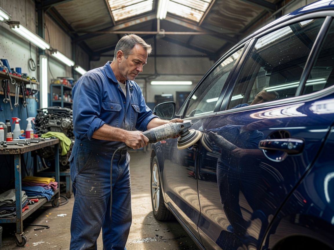 Professional automotive photograph of a technician machine polishing a realistic vehicle panel with natural workshop lighting and authentic reflections