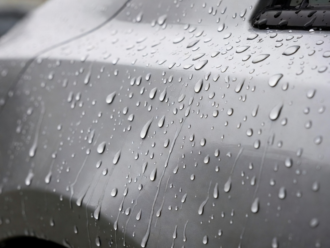 Close-up 85mm photograph of natural water droplets behaving realistically on a clean, everyday vehicle panel with subtle paint textures
